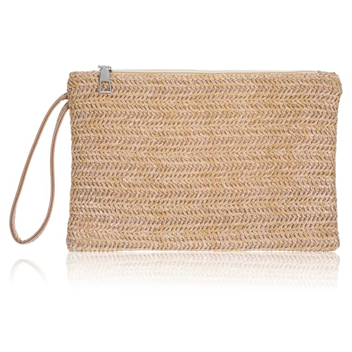 Classicseali Stroh Clutch Damen,Basttaschen Damen Sommer,Geflochtene Tasche Klein,Sommer Strand Clutch,Reißverschluss Tasche aus Bast für Frauen und Mädchen Verabredungen Alltag Reisen,Khaki
