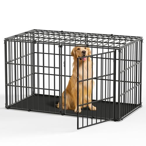Pawaboo Heavy Duty Hundekiste, 56 Zoll unverwüstlich Hundekäfig mit Matte, verdickt Anti-Biss Hundekennel, Metall Hund Laufstall mit sicheren Oben, Outdoor-und Indoor-Hundekäfig Käfig mit Türschloss