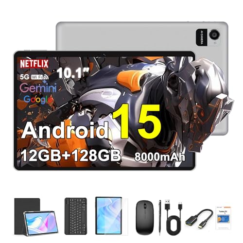 Crelander 10,1 Zoll Android 15 Tablet, 12GB+128GB Android Tablet, 8000mAh Akku, 1280x800 Touchscreen, 5G Bluetooth/WiFi, Bundle mit Hülle, Tastatur, Maus & Stylus (Grau)