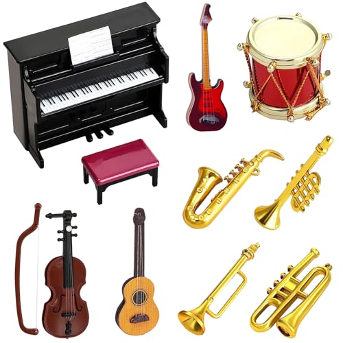 Miniatur Zubehör,10 Stück Puppenhaus Mini Musikinstrument Modell,Miniatur Puppenhaus Set,Miniatur Deko Mini Puppenhaus,1:12 Klavier E-Gitarre Miniatur Geige Trompete Saxophon