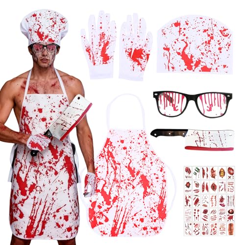 Snyvpra Halloween Kostüm Herren Horror Set mit Weißer Schürze Handschuhen Blutiger Mütze Silber Messer Blut Brille 30 Tattoos Gruseliges Halloween Kostüm Erwachsene Party Verkleidung