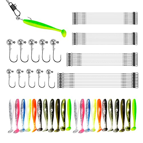 75pcs Angelzubehör, 40pcs stahlvorfach hecht, 4 Größen stahlvorfach mit Schnalle und Drehwelle, 22pcs gummifische, 10pcs Jigköpfe, Angelzubehör für Salzwasser und Süßwasserfische Fishing