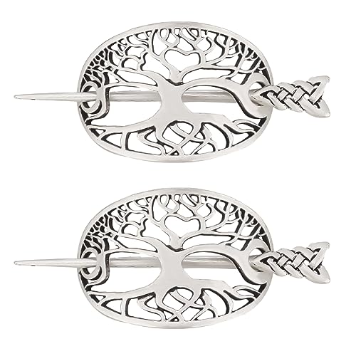 DELORIGIN 2 Stück Wikinger Keltische Haarnadeln Clips, Lebensbaum Mittelalter Haarspange Silber, keltische Haarspange Haarnadeln Metalllegierung Haarspangen für Damen Schal Pullover Vintage Schmuck