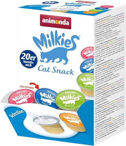 animonda Milkies Selection (20 Cups à 15 g), leicht verdauliche Katzenmilch für Erwachsene Katzen, praktisches Vorteilspack mit 20 Katzenmilch Cups, Milch-Snack ohne Soja und Zucker