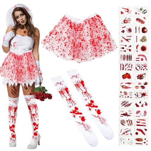 Feirdhoo Halloween Kostüm Metzger,Blutige Tutu-Rock,Blutsocken,Blutige Tattoo Aufkleber Set,Halloween Dekoration Party Verkleiden,Blutiges Karneval Mottoparty Kostüme für Frauen