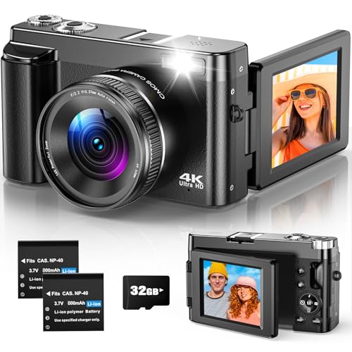 Digitalkamera 4K 48MP Kompakte Kamera Fotokamera mit 3-Zoll 180° Flip-Bildschirm, AutoFokus, 16X Digitalzoom, Anti-Shake für Vlogging und Reiseaufnahmen