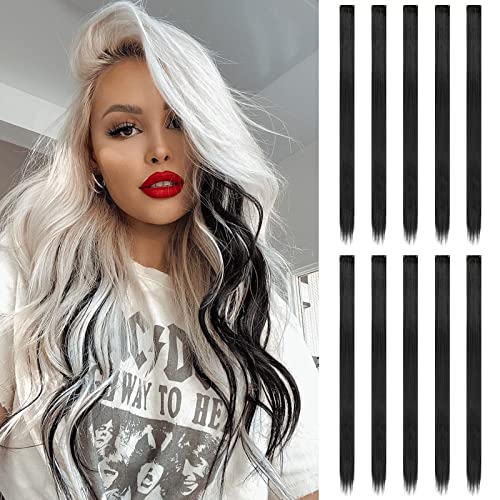 FESHFEN Bunte Farbige Haarverlängerung, 10 PCS Schwarz Haarteil für Damen Party Highlight Synthetik Glatte Bunte Haarverlängerungen Clip in Extensions Haarteil für Frauen, 55cm
