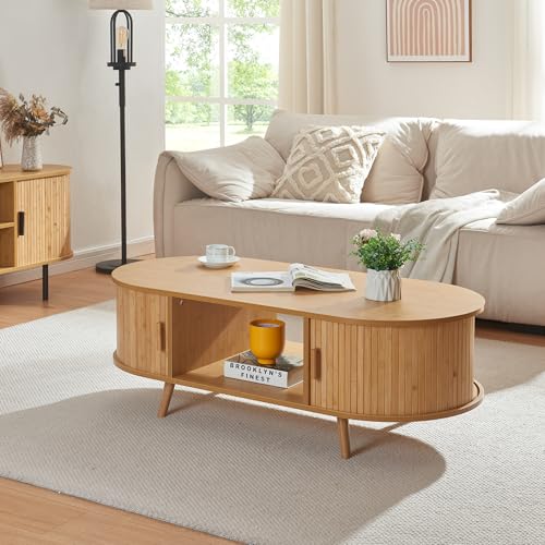 [en.casa] Couchtisch Nordkapp Wohnzimmertisch mit 2 Schiebetüren Bambus Sofatisch mit Stauraum Kaffeetisch Holzbeine 120 x 55 x 40 cm
