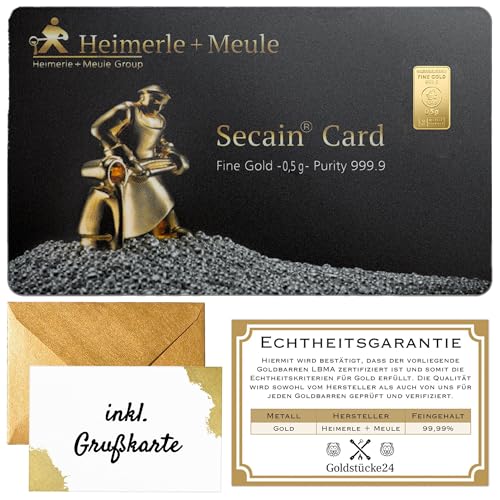Geschenk aus Gold – Goldbarren 0,5g Heimerle+Meule - Secain Card - inkl. Geschenkverpackung, Grußkarte und Echtheitsgarantie