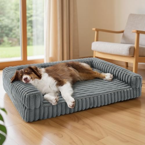 BEDSURE orthopädisches Hundebett Grosse Hunde, Hundematten - 89x64x18cm wasserdichtes Hundesofa mit Memory-Schaum & Eierkarton-Schaum, waschbarer und Abnehmbarer Cordbezug Hundecouch, grau