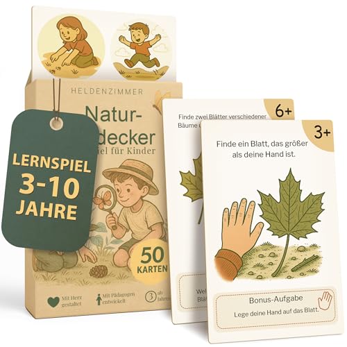 Heldenzimmer Outdoor Suchspiel Kinder – Outdoor Spiele für Kinder | 100 Aufgaben Suchspiel, 50 Doppelseitige Entdeckerkarten 2 Altersstufen, 16 Abzeichen