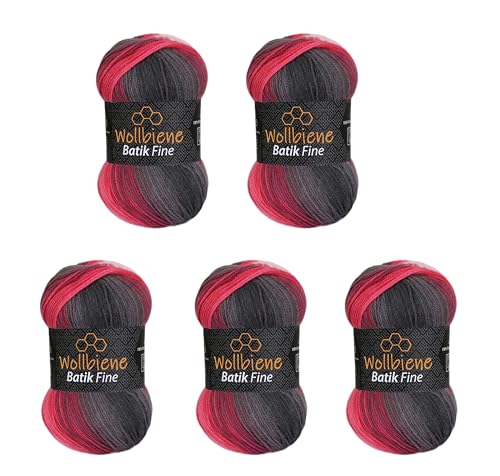 5 x 100g Wollbiene Batik Fine 500 Gramm Wolle mit Farbverlauf mehrfarbig Multicolor Strickwolle Häkelwolle (5100 grau beere weiß)