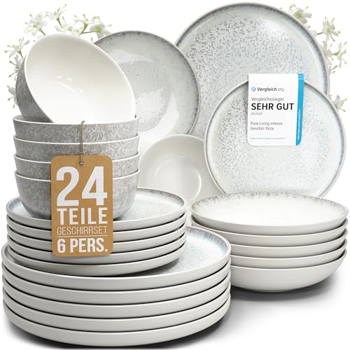 Steingut Geschirrset 6 Personen Ibiza 24 tlg. TESTSIEGER, Traumhaftes Mediterranes Steingut Geschirr Set, Schüssel- und Teller Set, Tafelservice 6 Personen, Geschirrsets Pure Living in Beige