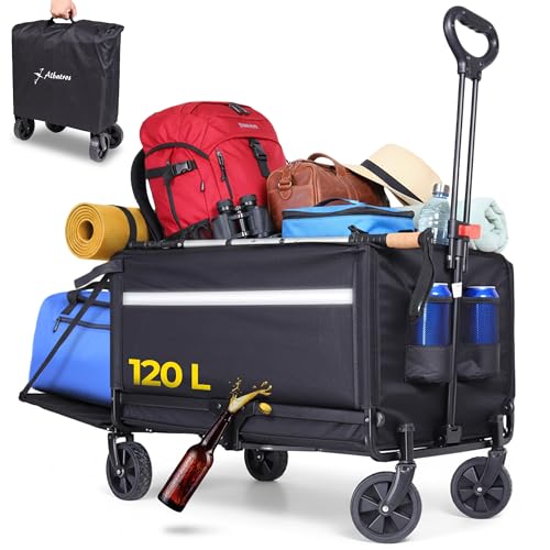 Albatros Bollerwagen klappbar 120L mit Flaschenöffner & Getränkehalter – Faltbarer Handwagen mit Reflektorstreifen, Rückwand-Öffnung & Abdeckhaube – Outdoor Transportwagen für Camping & Ausflüge