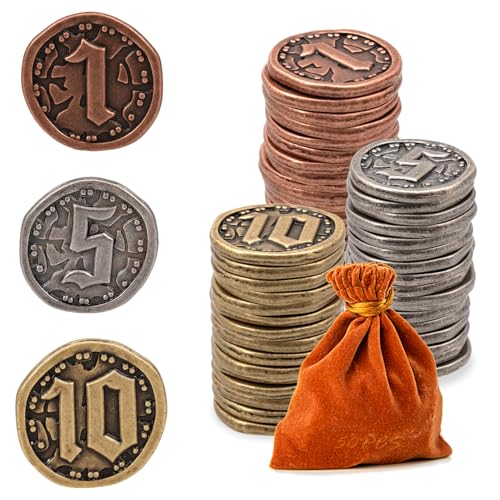 Prefdo 50PCS Metal Coins for Board Games, Gold & Silver Tokens for Poker, RPG, Strategy Tabletop Gaming, Fantasy Metal Coins, Heavy Duty Generic Game Currency