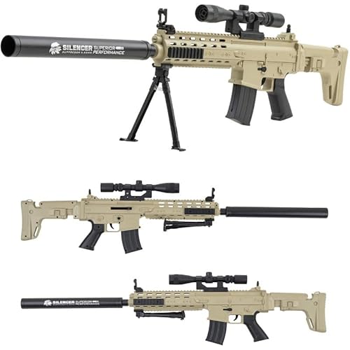 Softair Scharfschützengewehr Airsoft 6 mm < 0,5 J - Federdruck Sniper mit Schalldämpfer, Zielfernrohr & Zweibein Kunststoff, AWP-Design Erbsenpistole Einsteiger Airsoft Gewehr ab 14 Jahren