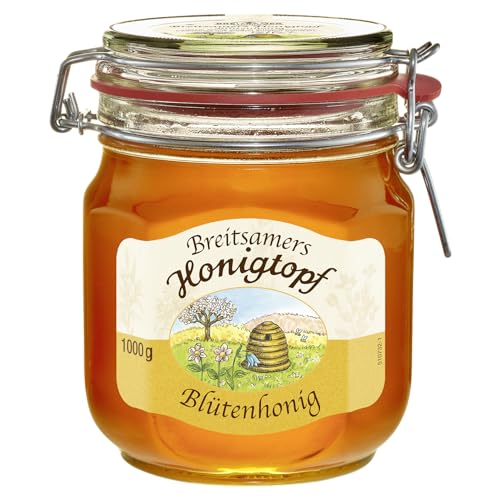 Breitsamer Honig Honigtopf Blüte 1.000g flüssig - Aromatisch blumiger Blütenhonig im traditionellen Bügelglas von bewährter Imkerqualität (1 x 1kg)