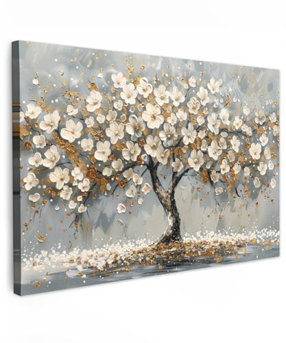 MuchoWow© Leinwand Bilder Groß 120x80 cm XXL Wanddeko Wohnzimmer Aesthetic Room Decor Deko Zimmer Wandbilder Modern Bild auf Leinwand Baum - Blumen - Weiß - Natur - Kunst