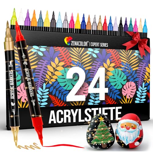Zenacolor 24 Acrylstifte für Steine wasserfest mit Doppelspitze (feine Spitze und Pinsel) - Acrylstifte verschiedene Oberflächen - Multimarker Acryl