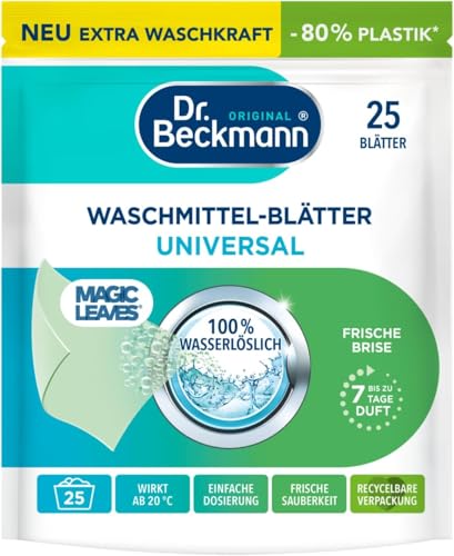 Dr. Beckmann MAGIC LEAVES Waschmittel-Blätter UNIVERSAL | vordosierte & wasserlösliche Waschblätter | platzsparend und leicht anzuwenden | 25 Blätter