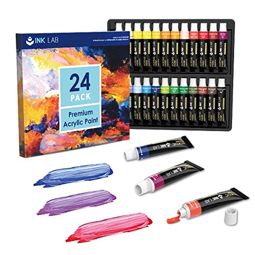 INK LAB Acrylfarben Set 24 x 12 ml, Kompakte Acrylfarbe, Wasserdichte lichtbeständige acrylic paints, Schnelltrocknend mit hoher Pigmentierung für Papier, Leinwand, Ideal für Anfänger und Profis