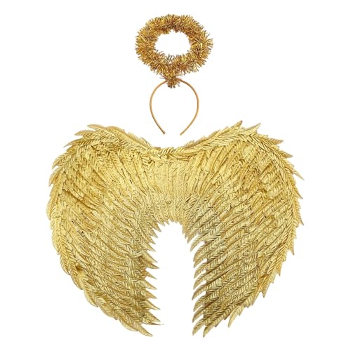 Generisch 55CM Engelsflügel Gold mit Heiligenschein, Engel Flügel, Federflügel Engel, Engels Kostüm, Engel Flügel für Damen und Mädchen, Party Fasching Kostüme Deko, Kostümparty Verkleidung (Gold)