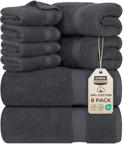 Utopia Towels - 8 teilig Handtücher Set aus Baumwolle mit Aufhänger - 2 Badetuch, 2 Handtücher und 4 Washclappen - (Grau)