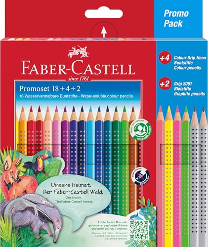 Faber-Castell 201540 - Buntstifte Set für Kinder und Erwachsene, 24-teilig, dreikant, bruchsicher, inkl. 4 Neonfarben und 2 Bleistiften