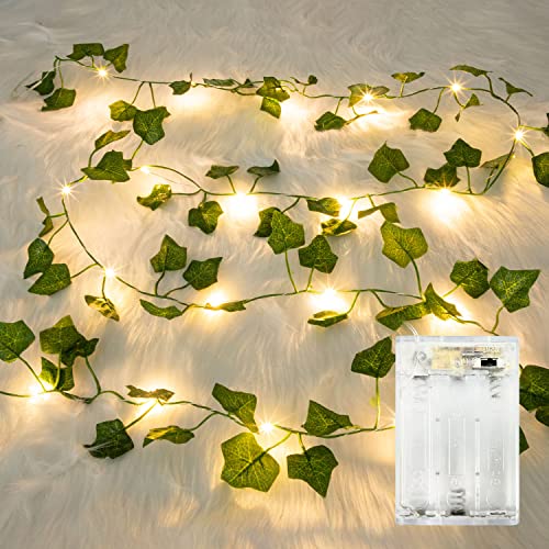 1 Stück LED Lichterkette Efeu Künstlich, 2M Fake Efeu Girlande mit 20 LED-Licht Batterie mit Timing-Funktion, Lichterkette mit Blumengirlande Hängend Pflanzen für Innenberei,Hochzeit, Party Deko