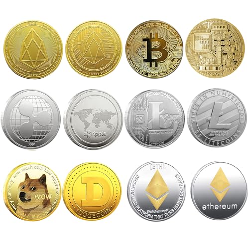 Krisler Bitcoin Coin Collector Geschenkset: Kryptowährung (Bitcoin, Ethereum, Litecoin, Ripple, EOS, Dogecoin), Gold, Silber (6er Pack, 40 mm Durchmesser, 10,8 g Metallgewicht, Sehr Gut bewertet)