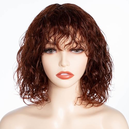 FASHION IDOL Bob Lockiges Echthaar Perücke für Schwarze Frauen 25 CM Brasilianisches Reines Echthaar Kurze Tiefwassergewellte Perücke mit Pony 150% Dichte (10 Inches, Rotbraun)