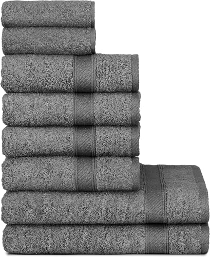 nottoc Handtücher Set Grau 8-TLG / 2 Badetücher 70x140 + 4 Handtücher 50x90 + 2 Gästehandtücher 30x50 - Handtuch mit Aufhänger 100% Baumwolle Saugfähige Weiche Luxus Duschhandtücher - Anthrazit