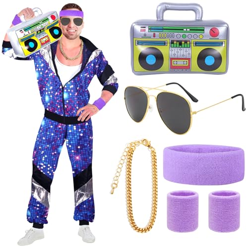 BITOWO 90er 80er Jahre Outfit Herren Damen Mottoparty 80er Trainingsanzug Retro Jogginganzug Accessoire 80er Jahre Kostüm Herren Damen Karneval 80er Jahre Kleidung Disco Herren Damen für Fasching L