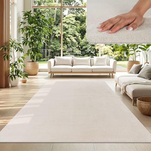 TT Home Wohnzimmer Teppich Kurzflor Anti-Rutsch Rückseite Unifarben Modern Waschbar, Farbe: Creme, Größe:140x200 cm