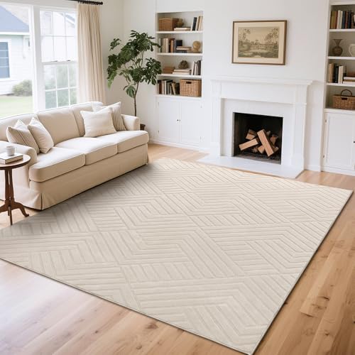Enyhom Teppich Wohnzimmer 200 x 300 cm Creme - Moderner Kurzflor Waschbar Teppich - 3D Effekt rutschfest Teppiche für Schlafzimmer, Esszimmer, Kinderzimmer - Skandinavische Boho Geometrisch