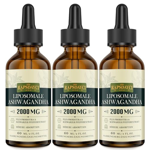 2000mg Liposomale Ashwagandha Tropfen, Hochdosiert Ashwagandha Wurzelextrakt, Original indische Schlafbeere, 7% Withanoliden, 5X Konzentration, Praktischer als Kapseln, 60ml (3er Pack)