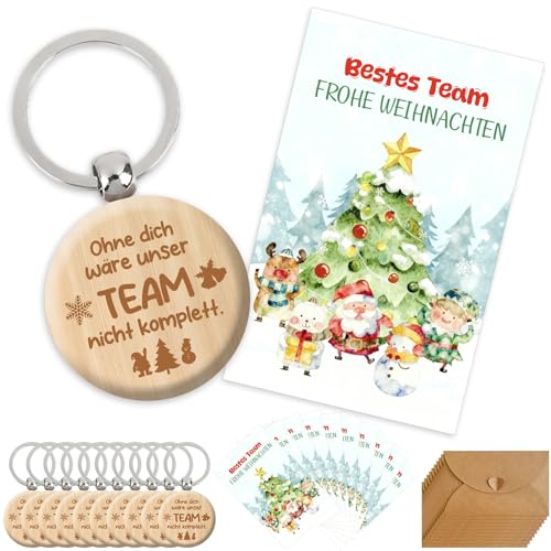 Ekukeon 10 Kleine Bestes Team Geschenke Schlüsselanhänger mit Weihnachten Karte,Geschenke für Kollegen Weihnachten Schlüsselanhänger Holz,Weihnachten Kollegen Geschenk