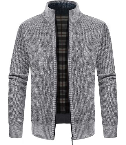 GLESTORE Strickjacke Herren Trachtenjacke Cardigan Fleecejacke Strickjacken für Herren Strickfleecejacke Hell Grau L