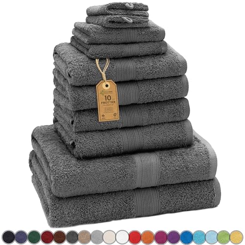 GREEN MARK Textilien 10 TLG. FROTTIER Handtuch-Set mit verschiedenen Größen 4X Handtücher, 2X Duschtücher, 2X Gästetücher, 2X Waschhandschuhe | Farbe: Anthrazit grau | Premium Qualität
