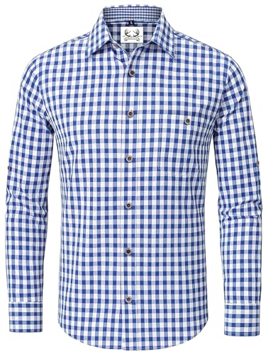 AMZHOTER Trachtenhemd Herren Oktoberfest Hemd Kariertes Hemd Outfit Langarm Trachten Hemden Tracht Blau Trachtenhemden Kurzarm Karohemd Freizeithemd Baumwolle XXL