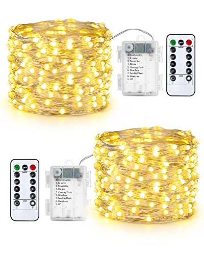 Qedertek Lichterkette Außen Batterie - 2 Stück 100 LED Silberdraht Micro Lichterkette Wasserdicht 10M Lichterkette Weihnachtsbaum Warmweiß mit Fernbedienung für Außen Innen Garten Hochzeit Balkon