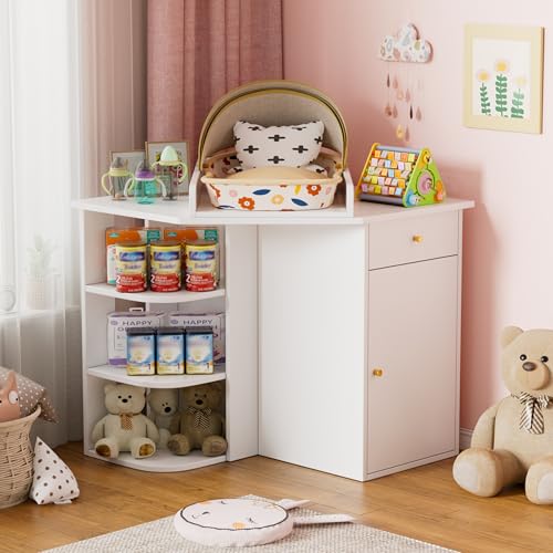 Eck-Wickeltisch mit abnehmbarer Wickelaufsatz Wickelkommode mit 2 Kommode & 3 offener Fächern Wickeltisch Baby 85 * 85 * 86.5CM Wickelregal Vielseitiger Wickeltisch weiß Babymöbel, bis zu 100KG
