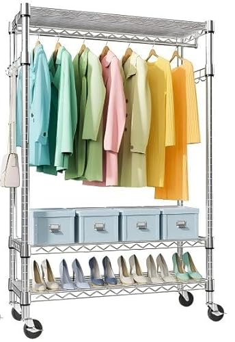 Virimolo Doppelter Kleiderständer, Kleiderstange mit Höhenverstellbaren Regalen (Chrom)