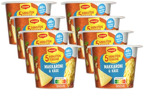 Maggi 5 Minuten Terrine Makkaroni und Käse, leckeres Fertiggericht, Instant-Nudeln in cremiger Käsesauce, 8er Pack (8 x 63g)