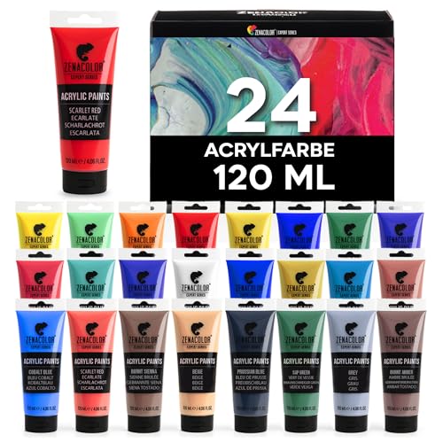 Zenacolor Acrylfarben Set – 24 Tuben 120 ml | 24 Farbtöne | Wasserbasierte, ungiftige Farben für Leinwand, Holz, Papier & Bastelbedarf | Künstlerbedarf für Erwachsene
