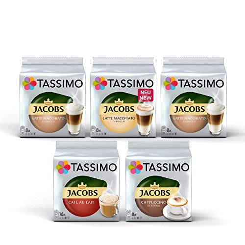 'Tassimo Jacobs Lovers Sortenpackung Kaffeekapseln - Tassimo Jacobs Latte Macchiato, Latte Macchiato Vanilla, Café Au Lait, Cappuccino Classico - 5 Packungen (48 Portionen)