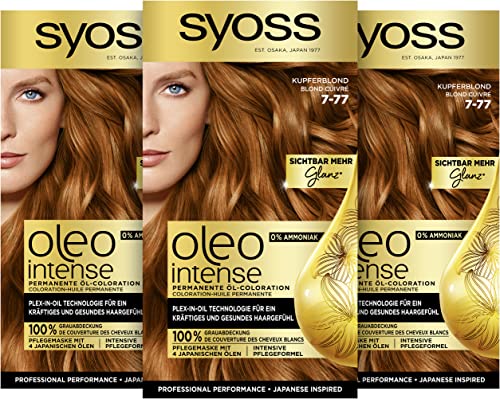 Syoss Oleo Intense Öl-Coloration 7-77 Kupferblond Stufe 3 (3 x 115 ml), dauerhafte Haarfarbe mit pflegendem Öl, Coloration ohne Ammoniak