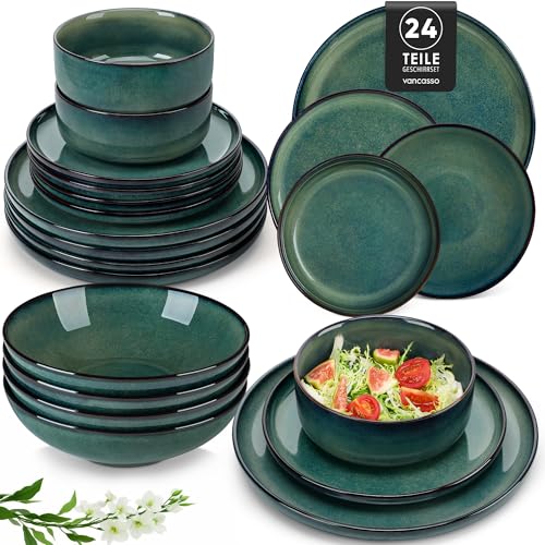 Geschirrset 6 Personen modern, vancasso STARRY 24-teiliges Steingut Geschirr Set, Kombiservice Set Grün, Tafelservice 6 Personen, Inklusive Speiseteller, Dessertteller, Suppenteller und Müslischalen