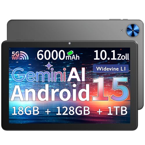 Tablet 10 Zoll Android 15 Tablet PC Gemini AI 18GB RAM 128GB ROM Erweiterbar auf 1TB Octa-Core Prozessor 1280x800 HD IPS Touchscreen 6000mAh Batterie Widevine L1 5G WiFi BT 5.0 5MP+8MP Dual Camera Z70