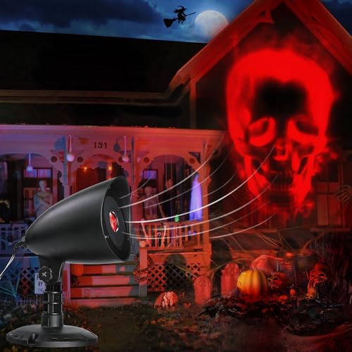 iShabao Halloween Deko Outdoor, 3D Dynamische Halloween Projektor mit Timer, Wasserdicht LED Projektionslampe mit Roter Skelett für Wand Fenster Garten Hof Party Deko